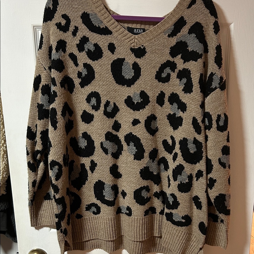 a.n.a V-Neck Leopard Print Sweater - Black and Brown